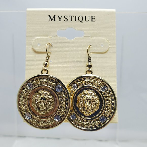 Mystique gold circle lion head with rhinestones fish hook earring - Picture 1 of 4